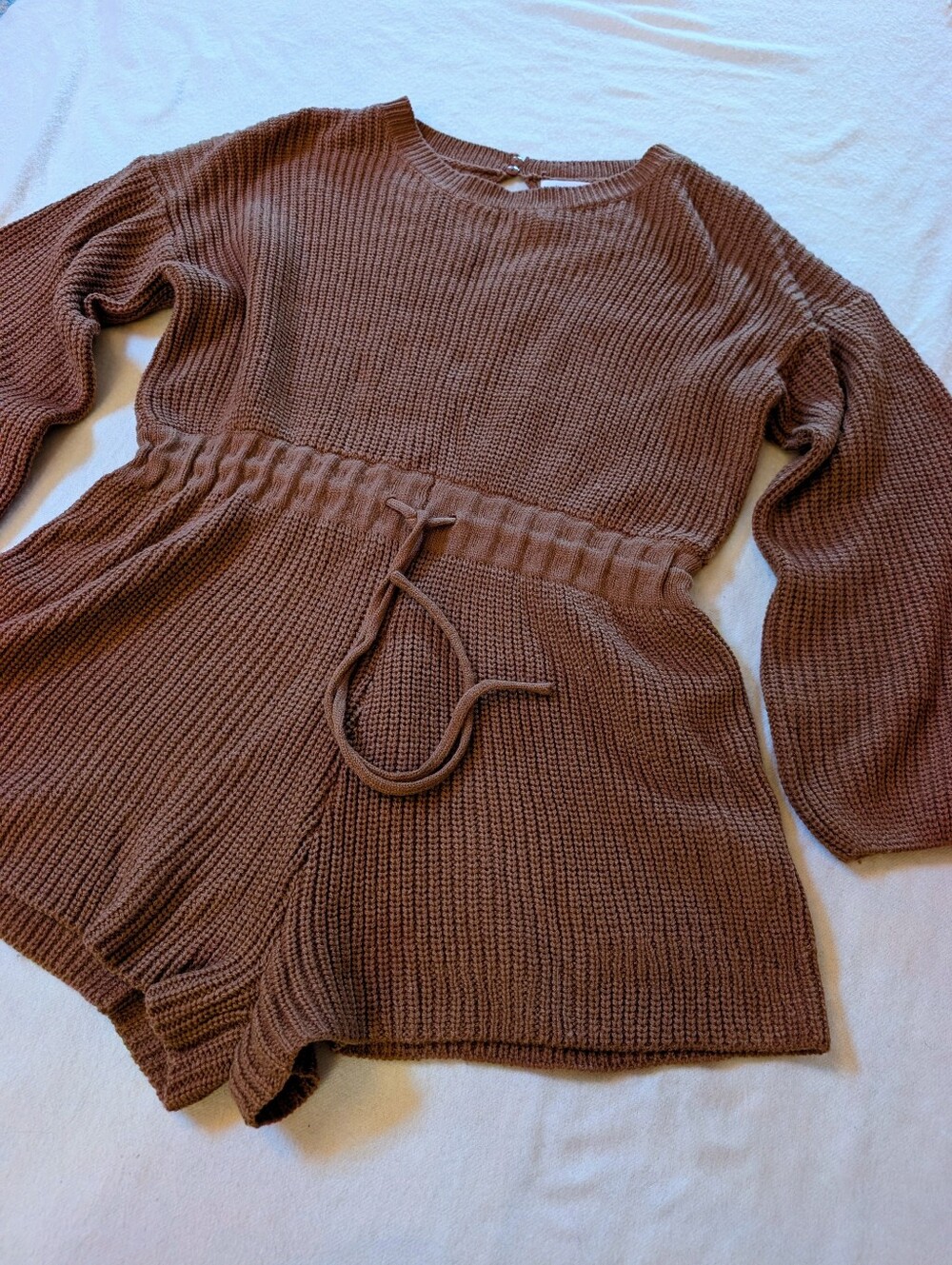 Mable Brown Knit Romper Bubble Sleeves